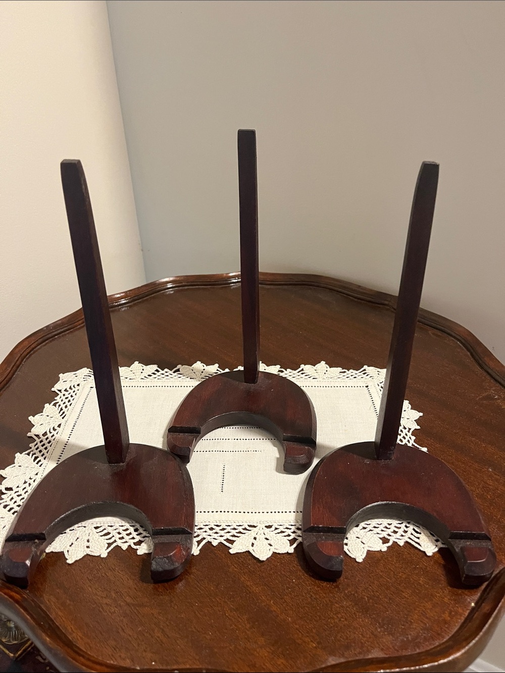 8” wooden plate stands. Lot of 3